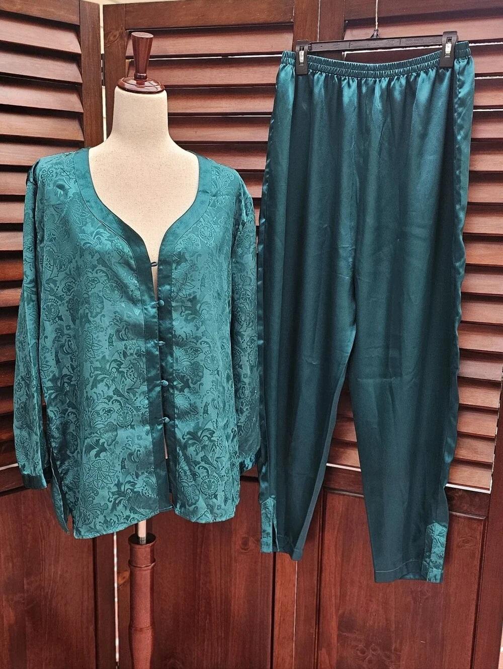 Vintage 90s Victoria’s Secret Deep Green Jacquard Satin Pajama Set M